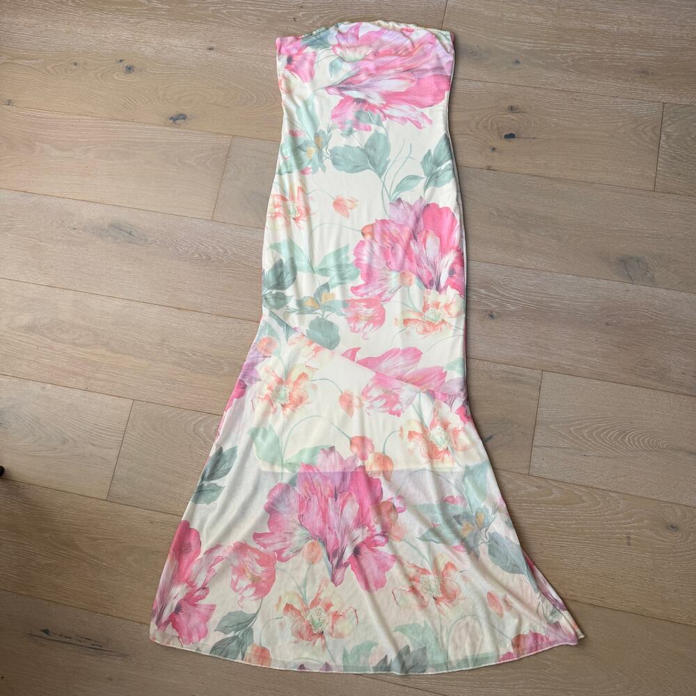 Strapless Watercolor Floral Maxi Dress Fairycore Garden Party Mesh Hem S